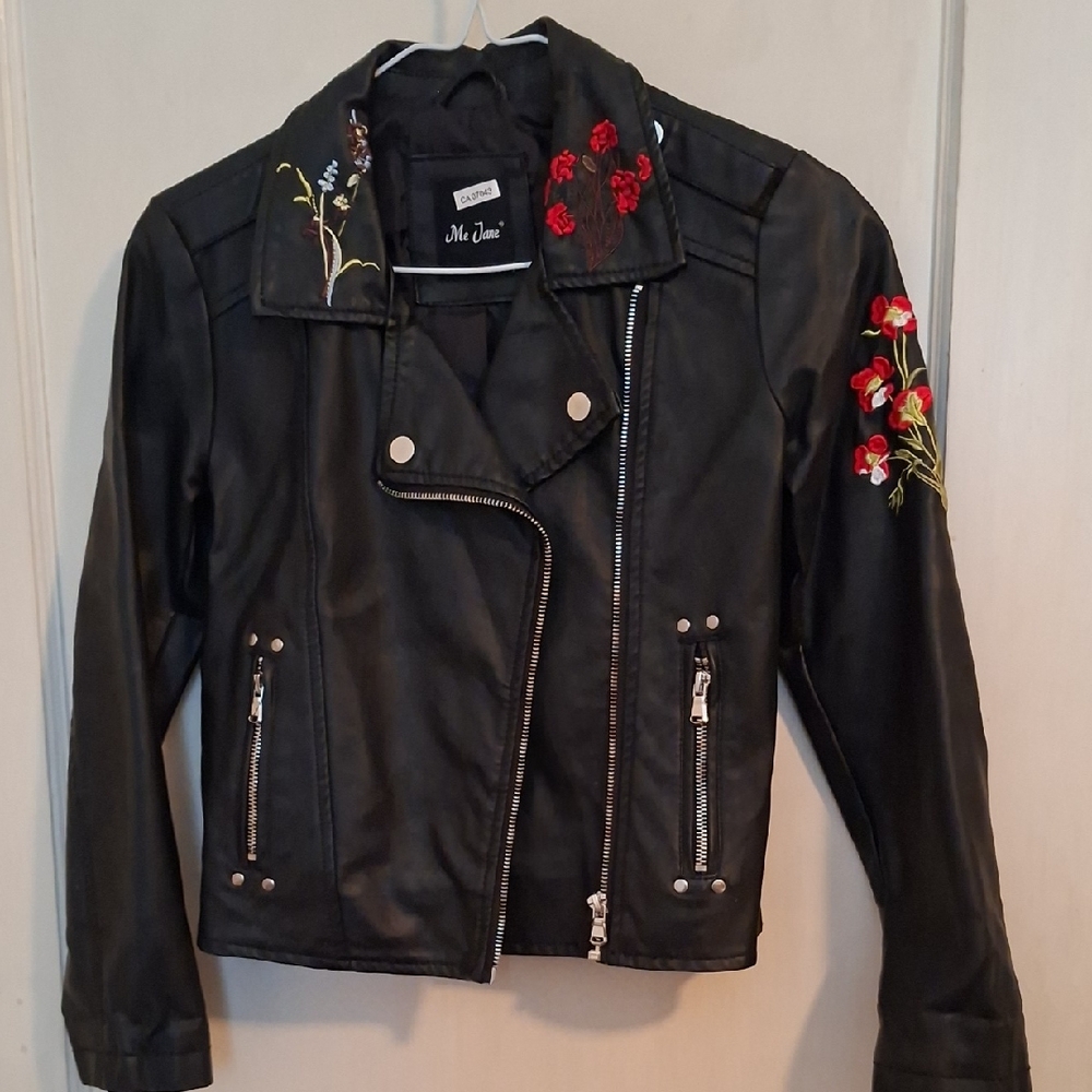 Me Jane Black  Leather Look Jacket with Red Floral Embroidery (Not Leather)